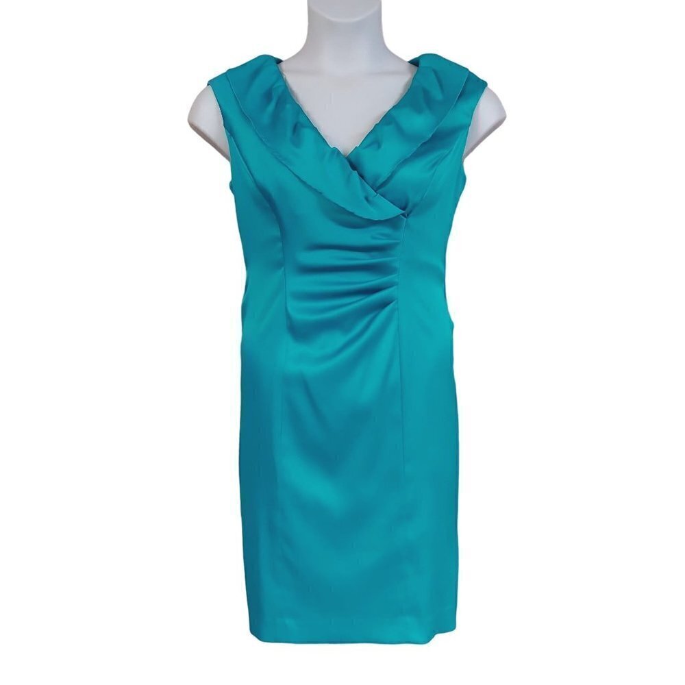 Evan-Picone Petite Green Satin Ruffle Neck Sleeveless Formal Sheath Dress - Picture 2 of 8